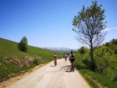 Bir grup MTB bisikletçisi yeşil ve mavi gökyüzü ile çevrili Macadadam 'a biniyor.