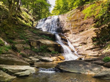 Yeşil ormanlarla çevrili çağlayan kayalık bir şelale.