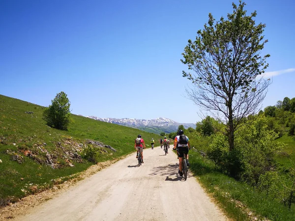 Bir grup MTB bisikletçisi yeşil ve mavi gökyüzü ile çevrili Macadadam 'a biniyor.