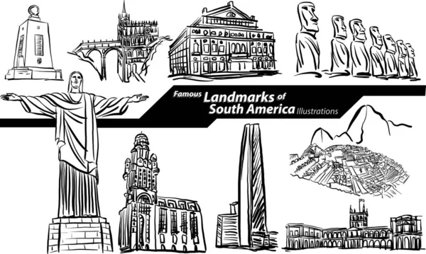 Famosos Monumentos América Del Sur Diseño Mano Alzada Doodle Set — Vector de stock