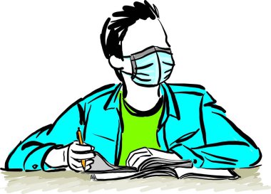 Genç erkek öğrenci koleji, kitap eğitimi konsepti vektör illüstrasyonuyla çalışıyor.