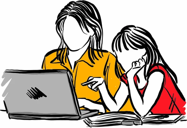 Mãe Filha Fazendo Lição Casa Laptop Computador Mulher Menina Escola — Vetor de Stock