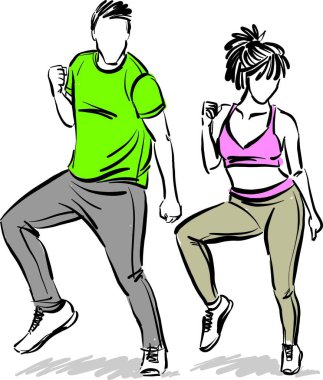 workout people couple man and woman 2 fitness exercises dancing together vector illustration