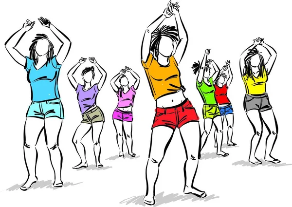 Workout People Women Fitness Exercises Dancing Together Vector Illustration — Stockvektor