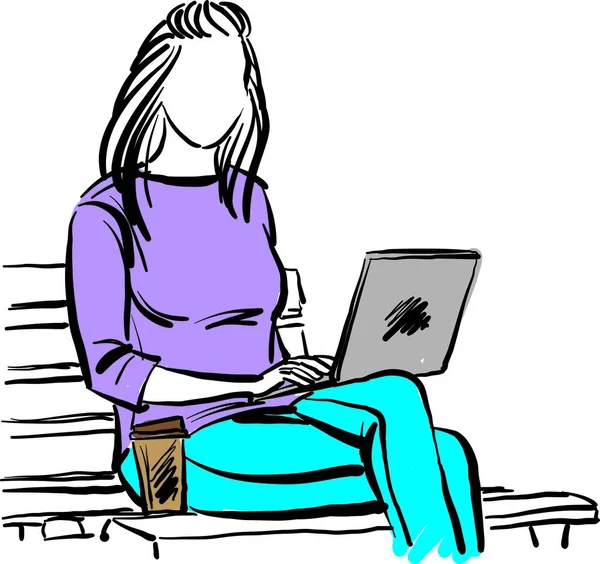 ラップトップで働いていてベンチに座ってコーヒーを飲んでいるかなりの女性ベクトルイラスト — ストックベクタ