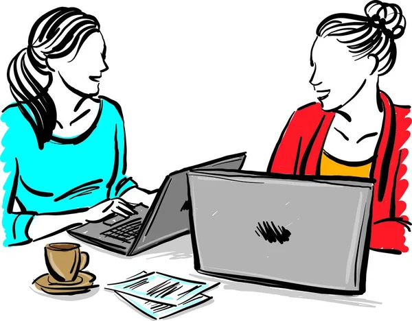 Δύο Γυναίκες Που Εργάζονται Μαζί Φίλοι Στην Ομάδα Εργασίας Εικόνα — Διανυσματικό Αρχείο