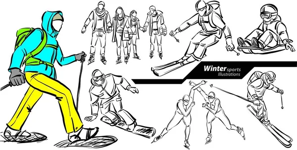 Зимові Види Спорту Активні Люди Встановлюють Колекцію Каракулів Дизайн Малюнок — стоковий вектор