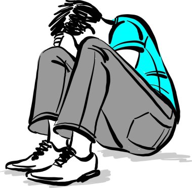 Depresyon konsepti çizimi yapan korkmuş genç bir adam.