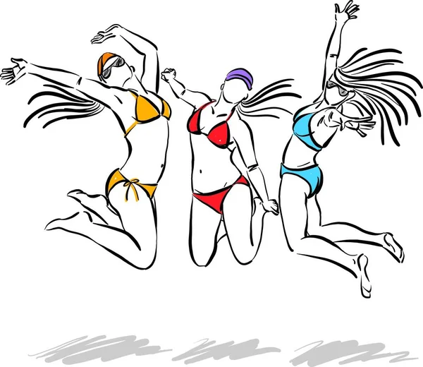 Três Mulheres Com Biquíni Praia Saltando Feliz Liberdade Conceito Pincel —  Vetores de Stock