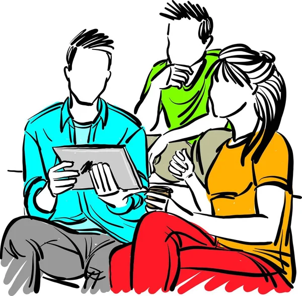 Ομάδα Μαθητών Εφήβων Κολέγιο Κοιτάζοντας Tablet Φίλους Διάνυσμα Εικονογράφηση — Διανυσματικό Αρχείο