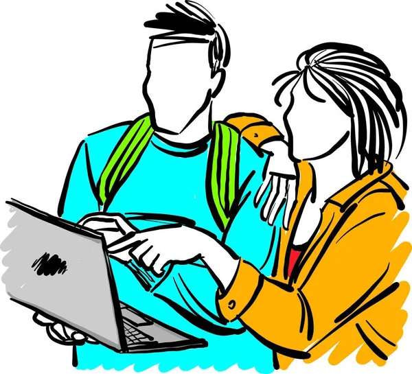 ノートパソコンの前で働く夫婦の男性と女性の作業コンセプトベクトルイラスト — ストックベクタ