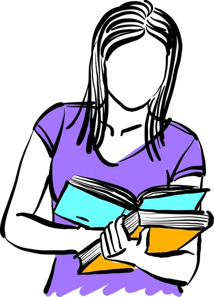 Junge Frau Studentin Studiert Lesepädagogik Konzept Buch Vektor Illustration — Stockvektor