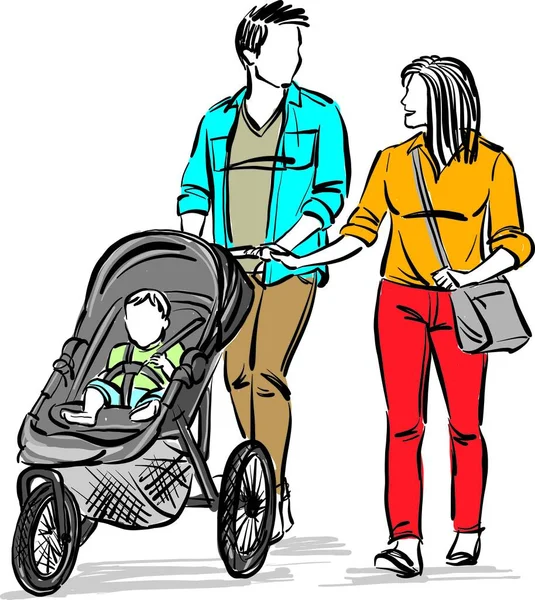 Par Man Och Kvinna Med Barn Barnvagn Promenad Lycklig Familj — Stock vektor