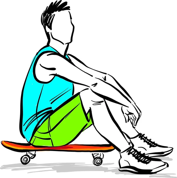 Skater Junge Kerl Mann Sitzt Rersting Auf Skateboard Sport Freizeit — Stockvektor