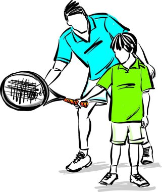 Erkek koç, küçük çocuğa tenis dersi veriyor. Spor konsepti vektör çizimi öğreniyor.