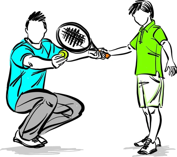 Man Coach Onderwijs Tennis Klasse Naar Jongen Kind Kind Leren — Stockvector