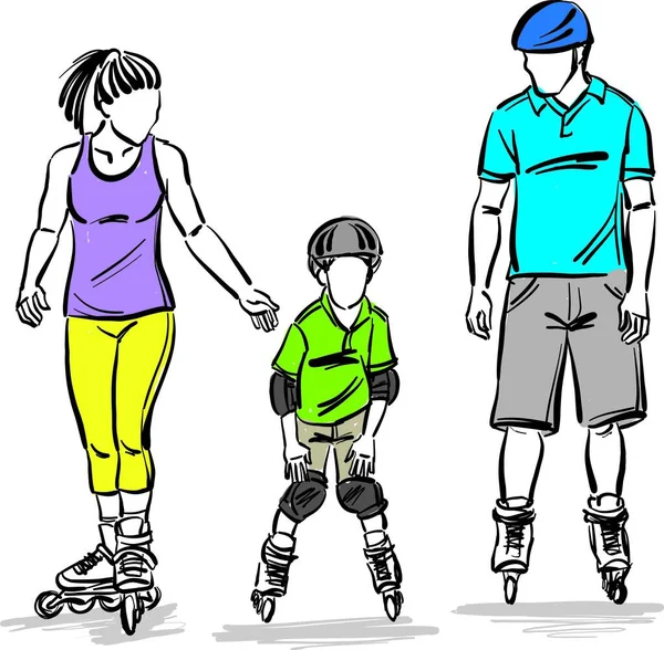 Family Roller Skates Learning Little Boy Son Father Mother Together — Stock Vector