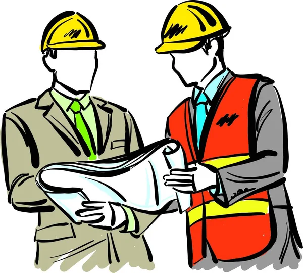 Δύο Εργαζόμενοι Αρχιτέκτονες Κατασκευή Σταδιοδρομία Επαγγέλματα Ομάδα Έννοια Αναζητούν Σχέδια — Διανυσματικό Αρχείο