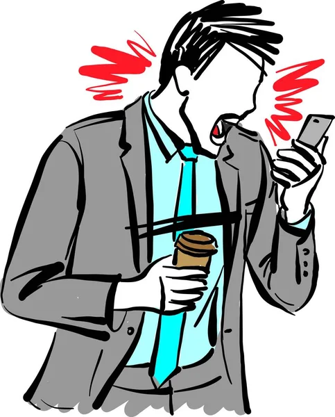 コーヒーを片手に携帯電話に向かって叫んでいる男は怒っているベクトル図 — ストックベクタ