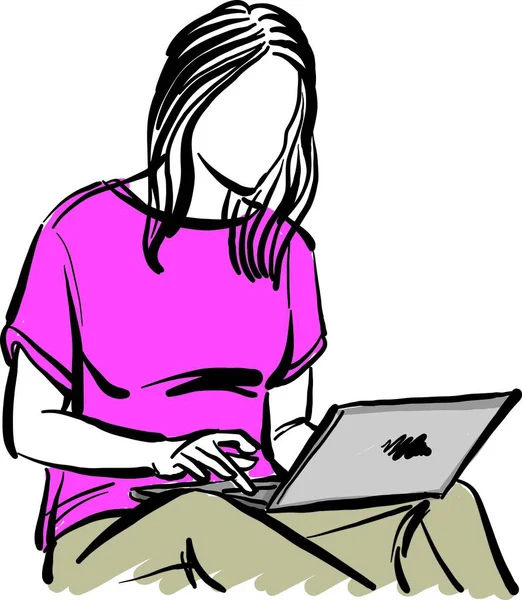 Женщина Молодая Красивая Женщина Работает Ноутбук Компьютерной Векторной Иллюстрации — стоковый вектор