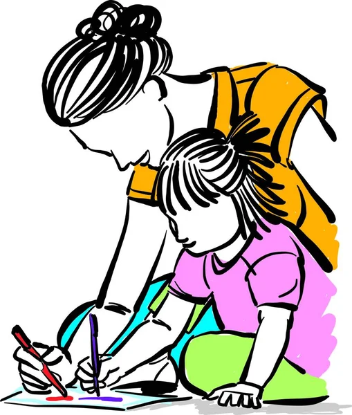 Mamma Bambina Disegno Insieme Genitorialità Madre Giorno Vettoriale Illustrazione — Vettoriale Stock