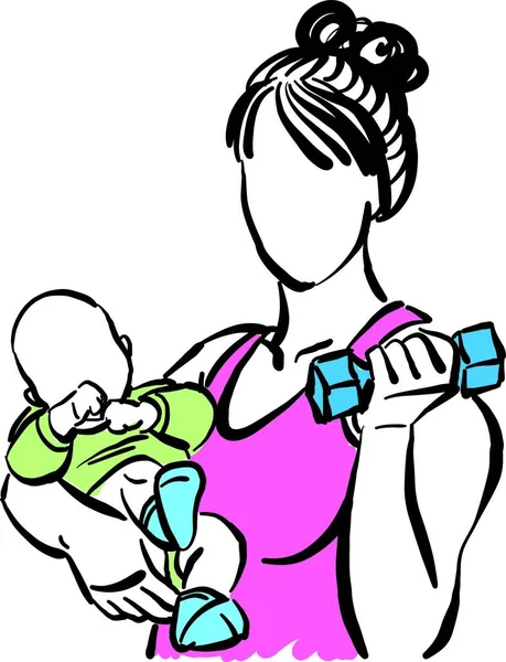 Fitness Mamma Med Baby Motion Efter Födelse Gym Träning Hälsosam — Stock vektor