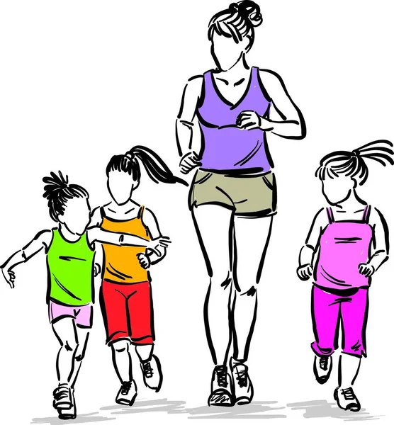 Matka Mama Dzieci Córki Trzy Matki Dzień Bieganie Jogging Chodzenie — Wektor stockowy