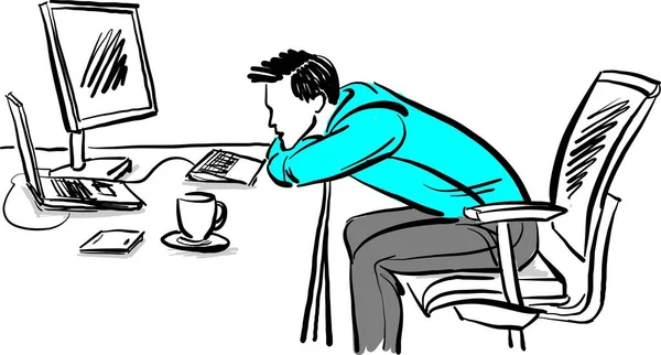 Скучный Усталый Депрессивный Бизнесмен Работающий Перед Компьютерной Векторной Иллюстрацией Ноутбука — стоковый вектор