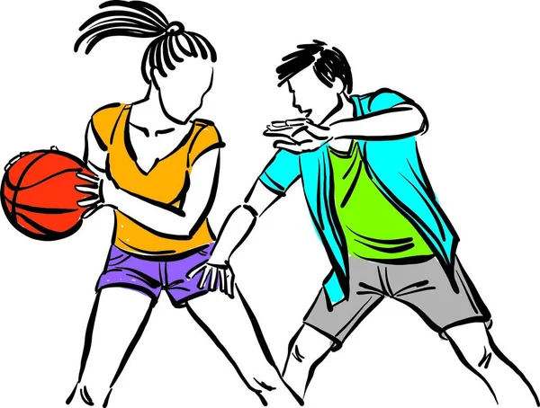 Mann Und Frau Junge Studenten Spielen Basketball Teenager Teenager Sport — Stockvektor
