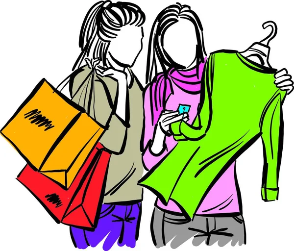Winkelen Tieners Tieners Vrouwen Vrienden Zoek Prijs Kleding Vriendschap Met — Stockvector