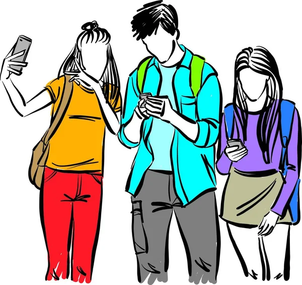 Unga Tonåringar Med Elektronisk Utrustning Mobiltelefoner Kommunikation Koncept Vektor Illustration — Stock vektor