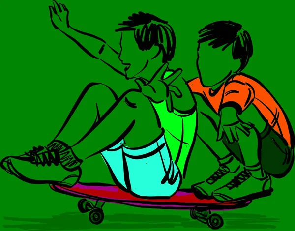 Niños Niños Jugando Caballo Skate Board Divertirse Juntos Amigos Hermanos — Vector de stock