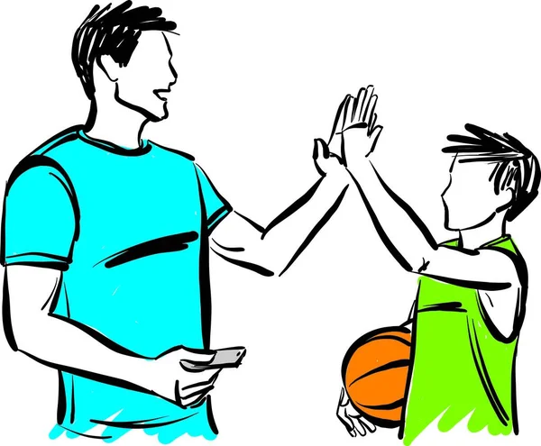 Junge Sohn Und Vater Mann Vater Spielen Basketball Zusammen High — Stockvektor