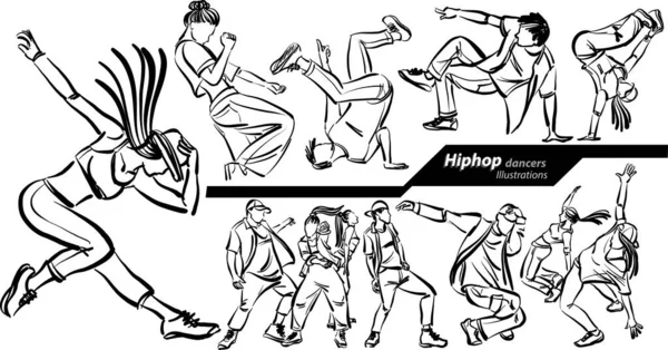 嘻哈舞蹈演员集专业工作涂鸦设计图矢量插图 — 图库矢量图片