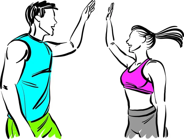 Çift Erkek Kadın Fitness Sıvazlıyor Beşlik Konsept Takım Arkadaşlık Çizimi — Stok Vektör