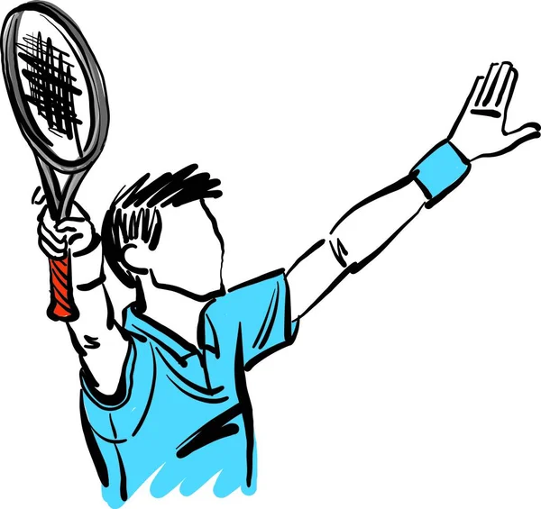 勝利を叫んでテニスマン選手ハッピースポーツコンセプトベクトルイラスト — ストックベクタ