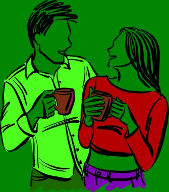 Çift erkek ve kadın bir fincan kahve içiyorlar. Romantik vektör çizimi.