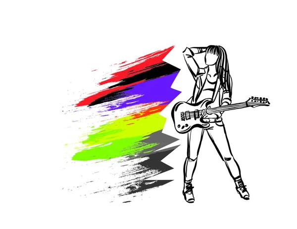 摇滚歌手1彩刷年轻女子音乐职业工作涂鸦设计图矢量插图 — 图库矢量图片