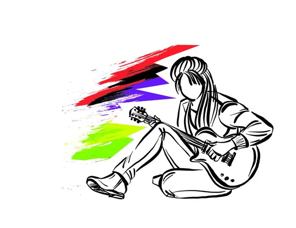 摇滚歌手7彩刷年轻女子音乐职业工作涂鸦设计图矢量插图 — 图库矢量图片