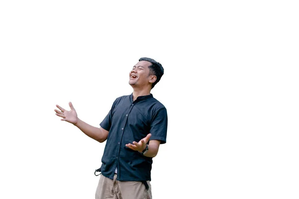 Een Man Een Witte Achtergrond Barsten Lachen Schattigheid Studio Foto — Stockfoto