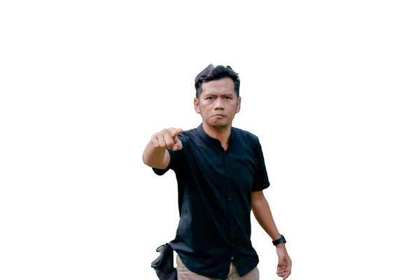 Egy Fehér Hátterű Férfi Dühös Miközben Kamerára Mutat Bogorban — Stock Fotó
