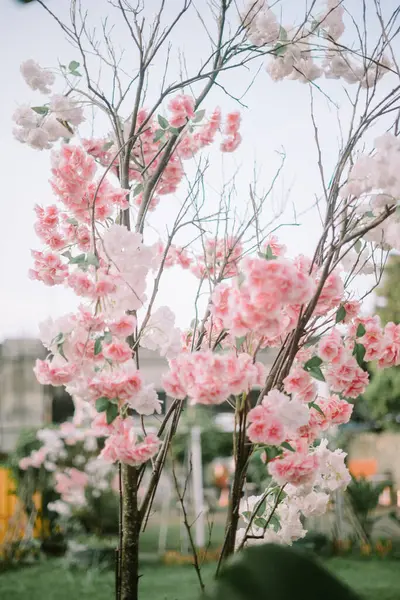 fake cherry blossom decorations planted on a tree branch that has no leaves