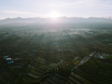 Aydınlık sisli ve parlak bulutlu Gede Dağı 'nın sabah manzarası dingin ve berrak güzelliği yakalıyor.