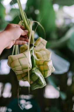 Bir el ketupat kümesini tutuyor, örülmüş palmiye yapraklarından yapılan geleneksel pirinç köftesi. Ketupat, Güneydoğu Asya 'da düzenlenen Kurban Bayramı kutlamalarında Ramazan ayından sonraki kutsama ve affı simgeleyen popüler bir yemektir..