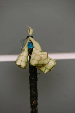 Ketupat, örülmüş palmiye yapraklarına sarılmış pirinç köftesi, bayram kutlamaları için sergileniyor. Güneydoğu Asya 'da festival aşçılık geleneklerini sembolize ediyor. Bu dini bayramda geleneksel bir yemek sunumu sunar..