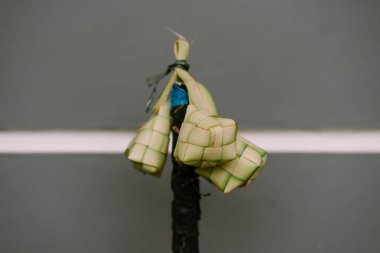 Ketupat 'ın yakın çekimi, geleneksel bir pirinç keki örülmüş palmiye yapraklarına sarılmış. Bu dekoratif düzende kültürel sanatçılık, kutlama, miras ve aşçılık geleneği temalarının taşınması için idealdir..