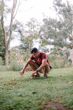 Asyalı bir adam arka bahçesinde küçük bir tohuma bakıyor, doğanın huzuru içinde büyümeyi teşvik ediyor..