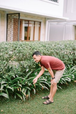 Gülümseyen adam evdeki bahçesine bakıyor, bitkileri ve yeşillikleri dikkatlice inceliyor, bahçe işlerini ve yaşam tarzını gösteriyor..