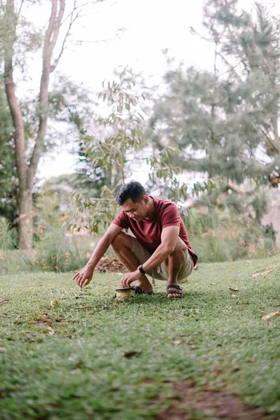 Asyalı bir adam arka bahçesinde küçük bir tohuma bakıyor, doğanın huzuru içinde büyümeyi teşvik ediyor..