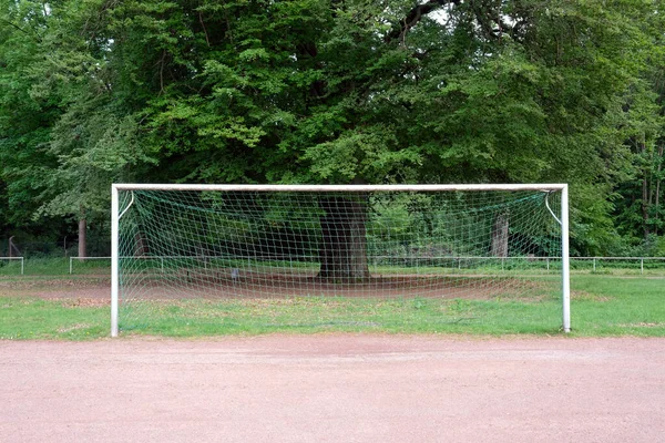 Пустой Футбольный Гол Деревом Заднем Плане — стоковое фото
